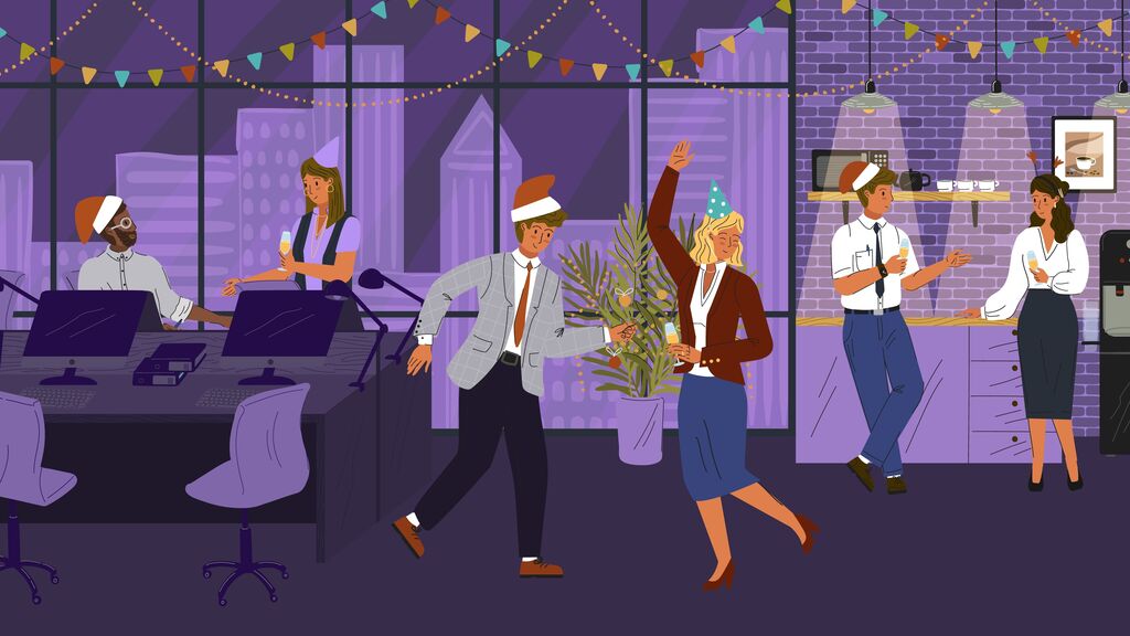New year and Christmas party in office concept vector illustration. Happy business team celebrate xmas holiday with dancing and champagne. Office worker characters in christmas caps